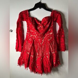 Tiger Mist Fall Together Playsuit Red Lace Long-Sleeve - Elegant Romantic Style
